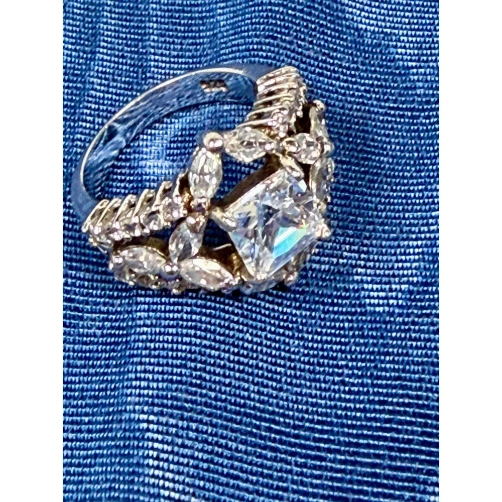 925 Sterling Silver Princess Cut Marquise CZ Statement Cocktail Ring Size 6 3/4
